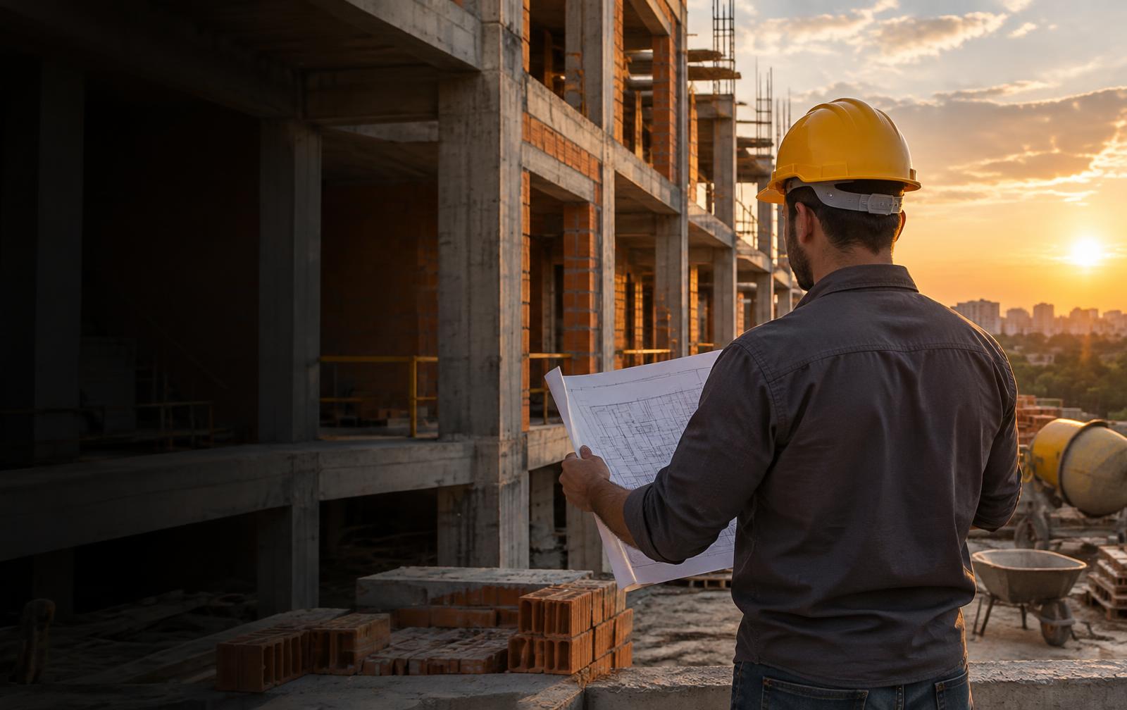 Profissional da construção civil analisando uma obra